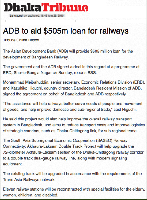 ADB to aid $505m loan for railways | Dhaka Tribune 2015-06-28 21-16-21